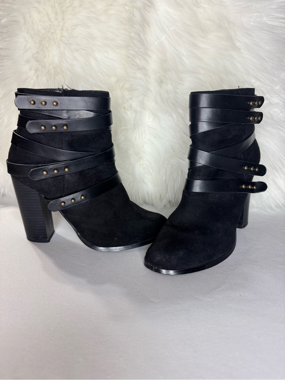 Charlotte Russe Black Suede Wrap-Strap Ankle Booties with Stud Accents